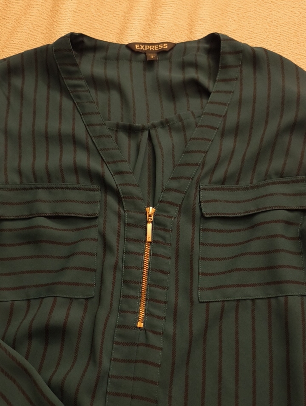 Express Women's Dark Green Striped Zip-Front Blouses with Gold Hardware